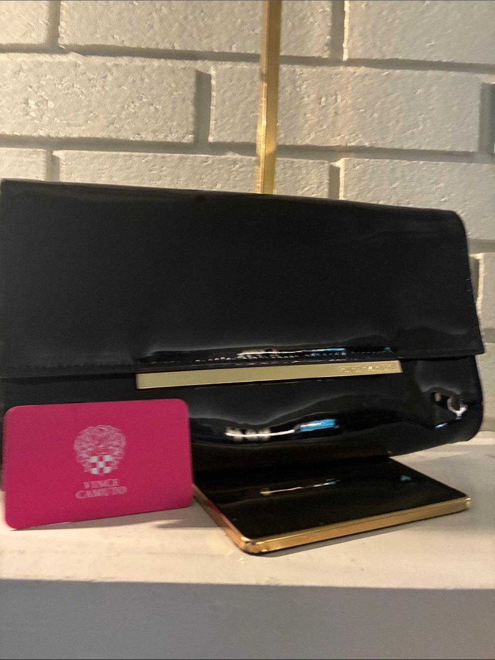 Vince Camuto Black Patent Leather Clutch with Gold Trim
